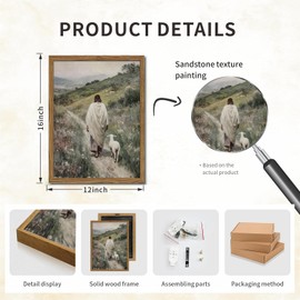 Jesus and Lamb Wall Art 3D Textured Hand Drawn Sandstone Lost Lamb Wall Decor, Jesus Leaves the 99 Sheep Christian Paintings Artwork for Living Prayer Room Bedroom 12x16 inch Wood Framed
