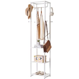 IBUYKE Coat Rack with Shelves, Freestanding Hall Tree with 3 Shelves and 8 Hooks, Industrial Clothes Stand for Entryway, Hallway, Bedroom, White UTMJ088W