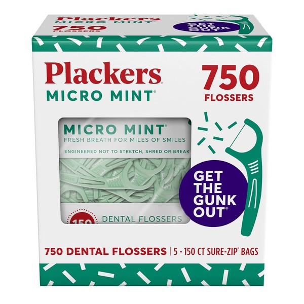 Plackers Micro Mint Dental Flossers, Fold-Out Toothpick, Super Tuffloss, Easy Storage with Sure-Zip Seal, Fresh Mint Flavor, 750 Count (Pack of 5)