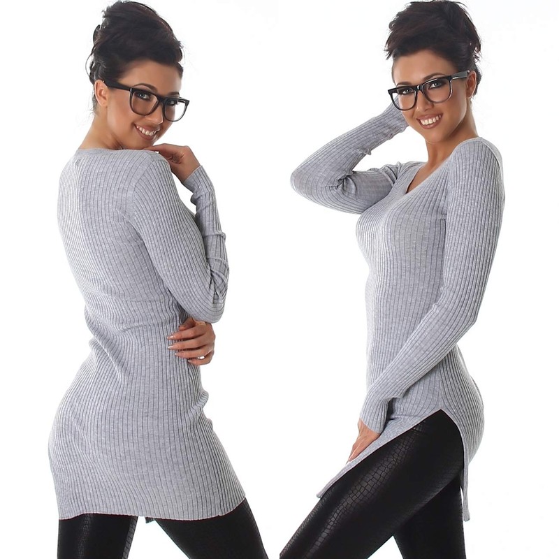 Voyelles Women's Long Jumper Stretch Long Sleeve Plain Fine Rib