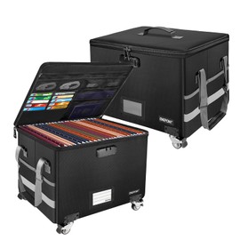 ENGPOW File Box with Wheels, Fireproof Document Box with Lock,Collapsible Rolling File Storage Organizer Box with Inserts,Portable Home Office Safe Box for Hanging Letter/Legal Folder,2 Pack(Black)