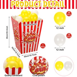 Sosation Giant Popcorn Box Cardboard Stand up with Balloons Movie 3D Popcorn Box Cardboard Stand up and Yellow White Balloons Carnival Decorations for Movie Night Themed Party(2 Pack)