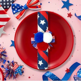 ETIUC 6PCS 4th of July Napkin Rings Patriotic Napkin Rings Holders Independence Day Serviette Rings Blue Red Pom Pom Napkin Rings for Memorial Day 4th of July Dinner Wedding Party Dining Table Decor