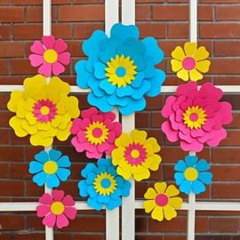 Mybbshower Pink Yellow and BluePaper Flower for Birthday Classroom Decor Party Backdrop Nursery Wall Home Decor (10 inch-6 inch) Pack of 12