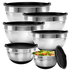 Inmorven Mixing Bowls With Lids Set, Airtight Lids, 6 piece Stainless Steel Metal Nesting Storage Bowls, Non-Slip Bottoms, Large Prep Metal Mixing Bowls for Kitchen, Black