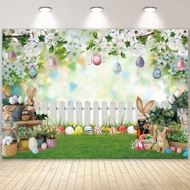 LIVUCEE 10x8ft Easter Backdrop Spring Banner Green Grass Flower Stand Fence Photography Background Bunny Colorful Eggs Decor Newborn Photo Booth Studio Supplies