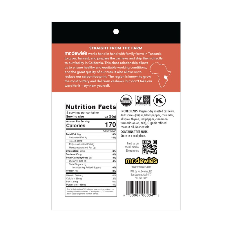 Mr. Dewie's Uniquely Flavored Whole Organic Roasted Cashews (Jerk Spice)