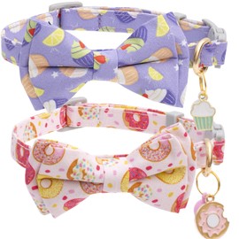 Faygarsle 2 Pack Cute Cat Collar with Bell Breakaway Bowtie Cat Collar for Male Female Cat Soft Fancy Pink Purple Cat Collar with Ice Cream Doughnuts Pattern Summer Cat Collar for Boy Girl Cats