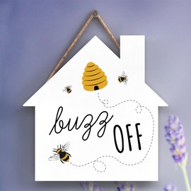 Global Designs Buzz Off Bee Themed Decorative Wooden House Shaped Hanging Plaque