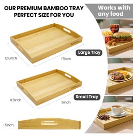 Set of 2 Bamboo Serving Tray with Handles, Decorative Wooden Tray for Breakfast, Dinner, Coffee Table - Portable Bamboo Tray for Ottoman, Kitchen, Living Room Bedroom, Outdoor Scenarios and More