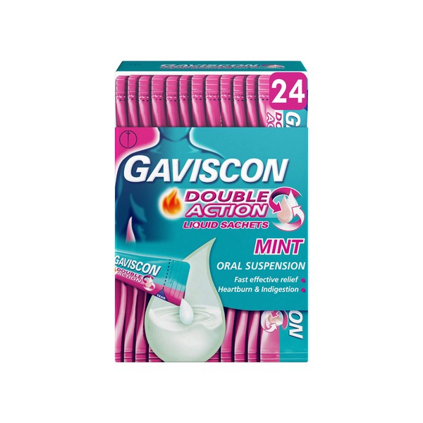 Gaviscon Double Action Heartburn & Indigestion Mint Flavour Sachets 24x10ml, 4 Hour Soothing Digestive Relief, Oral Suspension