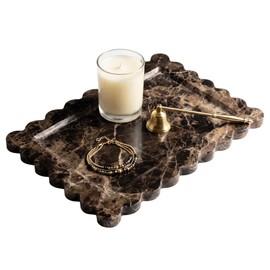 Large Dark Brown Marble Vanity Tray, Scalloped Bathroom Counter Tray