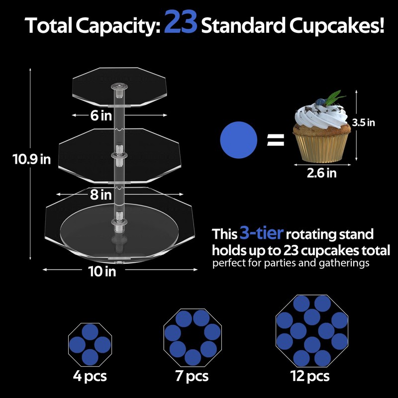LoengMax 3-Tier Rotating Cupcake Stand, Clear Acrylic 360° Spinning Dessert