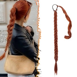 BARSDAR 26 Inch Long Braided Ponytail Extension with Hair Tie - Straight Sleek Wrap Around Copper Red Braided Ponytail Hair Extensions - Synthetic Pony Tails Hairpieces for Women - Copper Red