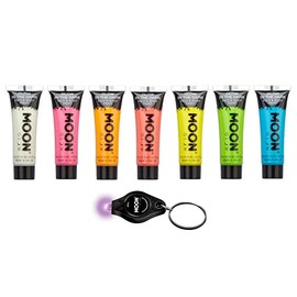 Moon Glow 12ml Glow in the Dark Face & Body Paint - Set of 7 – Phosphorescent - Charge to Glow - UV Keyring included
