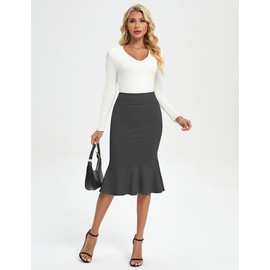 SLOWCOLIN Women's Pencil Skirt Stretchy High Waist Office Work Bodycon Fishtail Skirt with Ruffle Hem Midi Length (US, Alpha, Medium, Regular, Regular, Black)