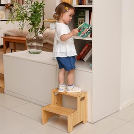 Wooden Step Stool,Two Step Stool for Kids,Toddler Montessori Stool Supports 300 lbs Kids Toddler Stepping Stool for Bathroom Sink/Toilet/Kitchen/Bed,Natural