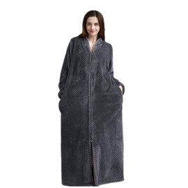 BIFINI Unisex Luxury Sherpa Bathrobe Full Length Zip Up Housecoat Sleepwear Dark Gray L