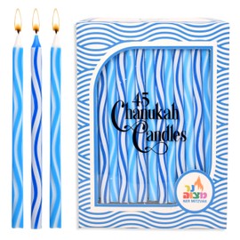 Ner Mitzvah Dripless Chanukah Candles Standard Size, Wave Etched Hanukkah Candles Fits Most Menorahs, Premium Quality Wax for All 8 Nights of Hanukkah - Count 45, Blue & White