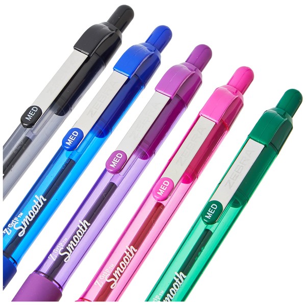 Zebra Pen Z Grip Coloured Pens Ballpoint, Smooth & Comfortable Ballpoint Pens with Pocket Clip, Retractable Ballpoint Pens, Reliable Biro Pens Multipack Including Black Pen - Medium Point, 5 pack