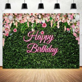 Happy Birthday Backdrop Banner Sign Poster Pink Green Birthday Banner Party Supplies Photography Background for Women Girls Kid Gifts Table Decorative 7x5ft