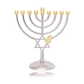 An Elegant Menorah with Star of David (Hanukkiah or Hanukkah Chandelier) in Brass in Silver 9 Arms. Height - 16 cm, Width - 18 cm. From Israel