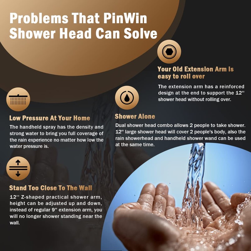 PinWin 12'' Dual Shower Head with Adjustable Extension Arm and