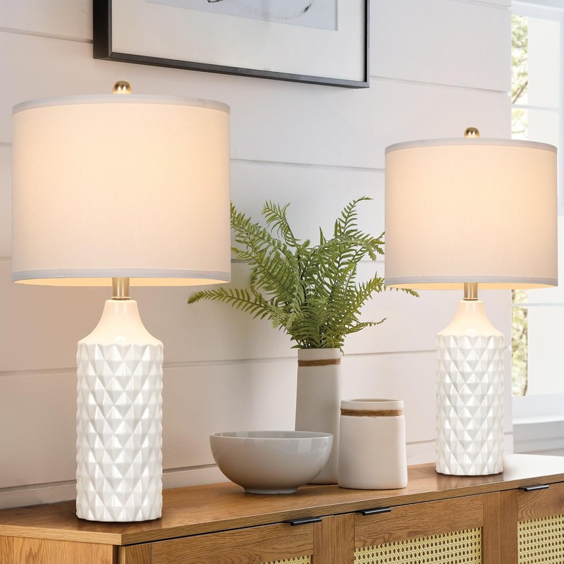 Ceramic Table Lamps Set of 2, White Modern Bedside 25"