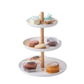 Yamazaki Home 3-Tier Food Serving Stand - Appetizer & Dessert Tray Party Organizer Steel + Wood White