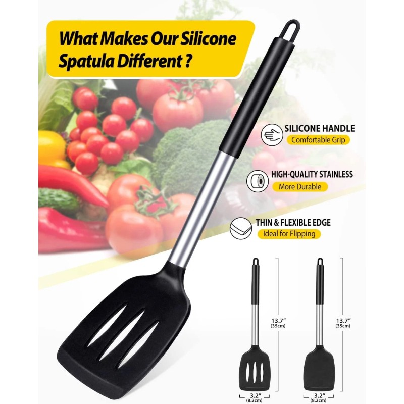 BUNDLEPRO Pack of 2 Silicone Solid Turner, Non Stick Slotted