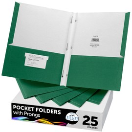 FILE-EZ Two-Pocket Folders with 3-Prong Fasteners, Green Color, 25-Pack, Durable Textured Paper, Matte Finish, Letter Sheet Size (EZ-92560)