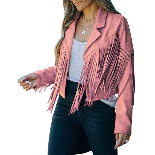 chouyatou Women's Fashion Notched Collar Open-Front Fringed Performance Moto Faux