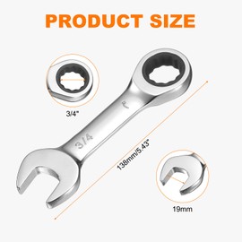 HARFINGTON 3/4 Inch Ratcheting Combination Wrench Cr-V Ratchet Box Ended and Open End 72 Teeth 12 Point Anti-slip Stubby with Mirror Polish for Tight Space