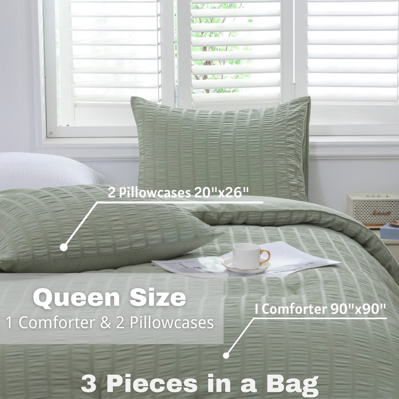 Haowaner Soft Sage Comforter Set Queen, 3 Pcs Sage Green