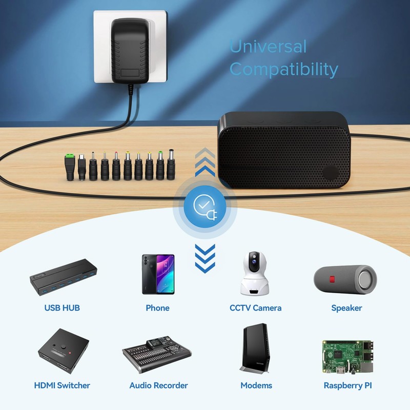 12V 3A Power Supply Charger with 10 Interchangeable DC Plugs