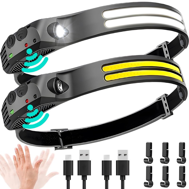 Beccason 2PCS LED Headlamp Rechargeable - 230° COB Super Bright