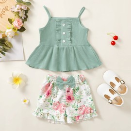 Kucnuzki Toddler Baby Girl Clothes Summer Outfits Ruffle Sleeveless Cotton Shirt Little Girl Clothing Kid Short Set for Girl Green,3-4T