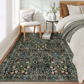 MUJOO 3x5 Rug Washable,Floral Area Rug for Bedroom Office Entryway Living Room Bedside,Small Throw Carpet Boho Non Slip Indoor Floor Botanical Vintage Ultra-Thin Black and Green