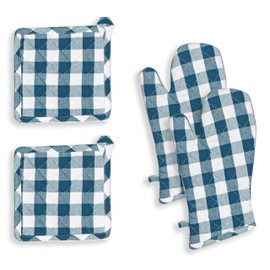 Softopia Cotton Oven Mitt & Pot Holder Gingham Buffalo Check 100% Cotton Heat Resistant Oven Gloves (7"x13") & Hot Pads (8"x8") Combo for Baking, Cooking - Teal