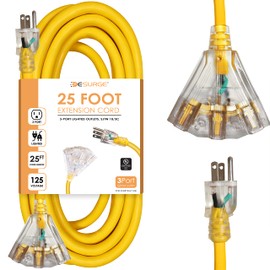 Digital Energy - Outdoor Heavy Duty 10/3 Extension Cord - 25 Ft | 3 Lighted Outlets, 15A, 125V, 60Hz, 1825W 10AWG - UL Listed