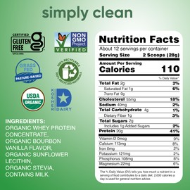 simply tera's Organic Whey Protein Powder - Grass Fed Vanilla Whey Protein Powder, Clean, Made Without Artificial Sweeteners, Non-GMO, Kosher, rBGH-Free, Organic - 12 Oz.