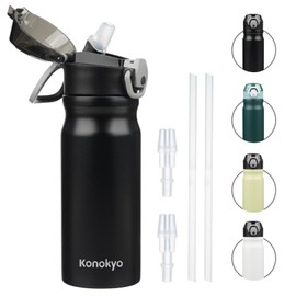 Konokyo Insulated Water Bottle with Straw and Carry Loop,18 oz Stainless Steel Double Wall Vaccum Metal Water Flask with Leak-proof Lid,Black