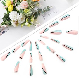 KXAMELIE Long press on nails with designs, abstract fake nails, square stick on nails for women, thick coffin nails, acrylic nails, press on for nail art, decoration, manicure, 24 pieces