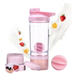 Shaker Proteina Vaso Mezcladora Con Caja Medicinas Para Gym Adecuado Para Deportes Y Fitness 500ml Color Rosa                                         