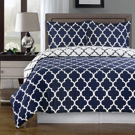 Navy and White Meridian Full / Queen 3-Piece Duvet-Cover-Set, 100 % Cotton 300 TC