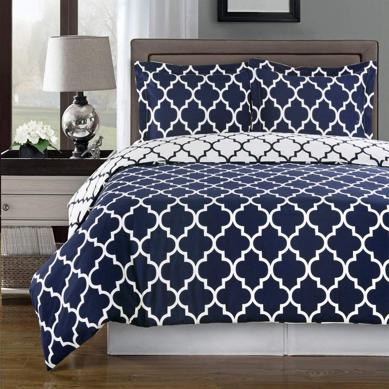 Navy and White Meridian Full / Queen 3-Piece Duvet-Cover-Set, 100