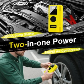 Huhomco 7-in-1 Car Jump Starter with Air Compressor, 4000A Portable 12V Power Pack, 150PSI Digital Tire Inflator for 9L Gas/7L Diesel, Multifunctional Jump Box with LED Light and Jumper Cables