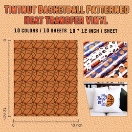 Tintnut Basketball Heat Transfer Vinyl -10 Sheets 12"x10"Patterned Iron on Vinyl for T-Shirts Clothing Bags HTV Vinyl for All Cutting Machine