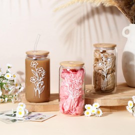 RimCereal 8 Pcs Wildflower Glass Cups with Lids and Straws Back to School Teacher Gifts 16 oz Cute Floral Iced Coffee Mugs Tumbler Bulk Aesthetic Bridesmaid Proposal Gifts for Women Her (Cute)