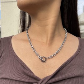 WangGao Stainless Steel Toggle Clasp Chunky 19.6'' Chain Necklace for Women Man,Statement Link T-Bar Clase Necklaces,Silver Color